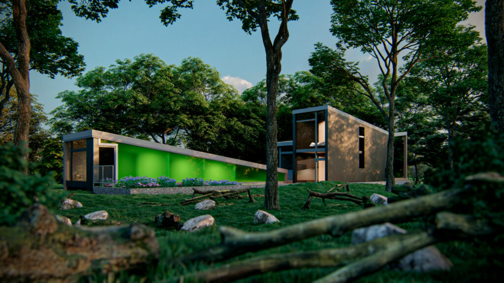 Casa rectangular con abundante vegetación alrededor hecha mediante un renderizado 3D