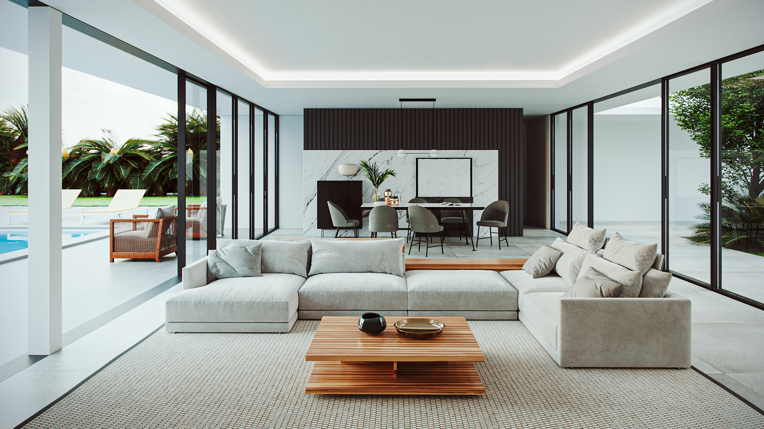 Infografía 3D del interior de una casa con decoración luminosa y minimalista